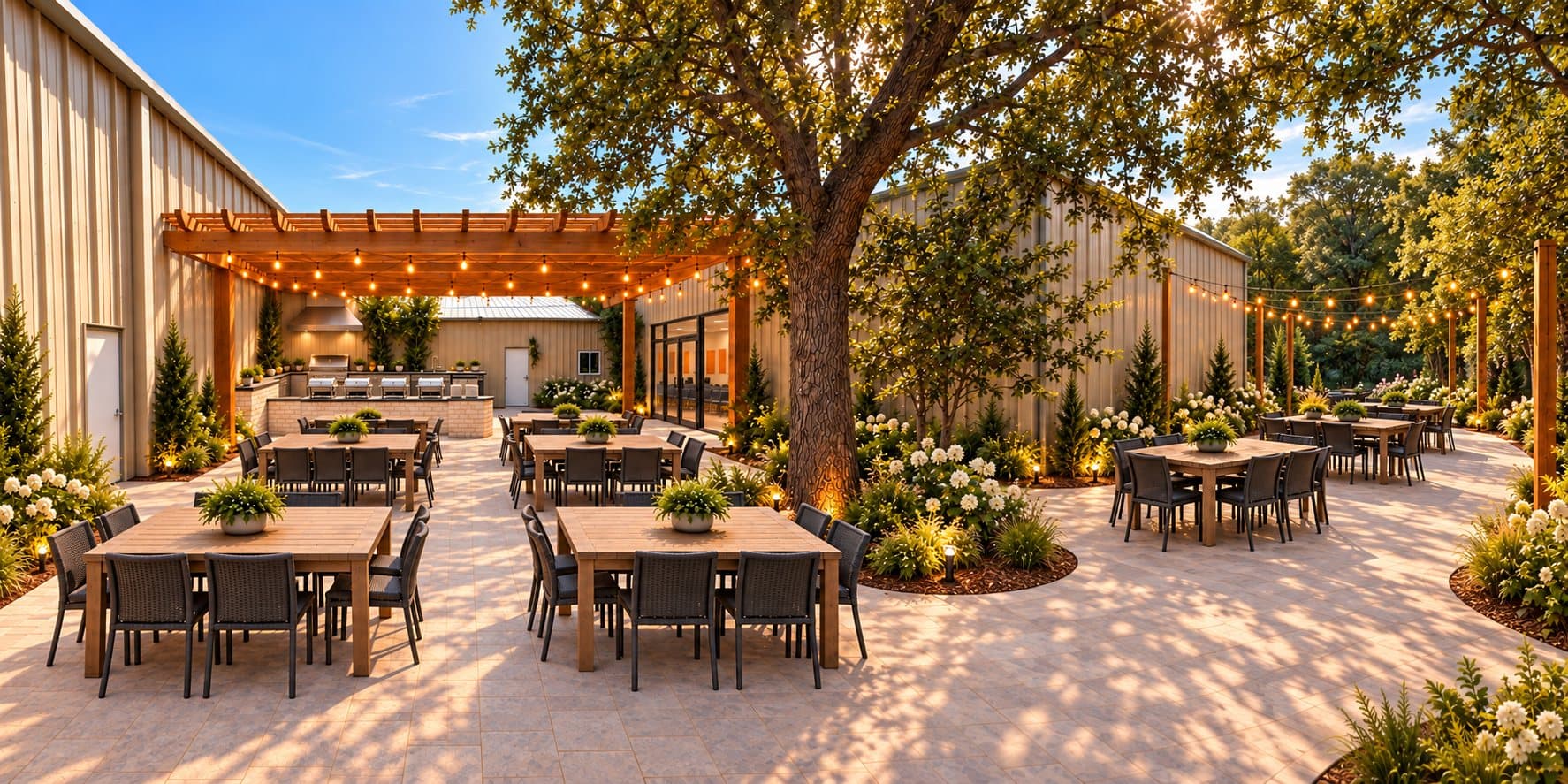 Concept rendering of the outdoor gathering space with a pergola, tables, and string lights under the oak tree